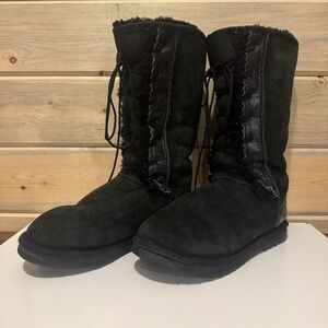 UGG Black Front Lace Up Snake Skin Detail Mid Calf Boots Unisex Sz 8 Ladies 9/10